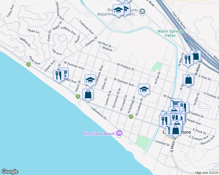 map of restaurants, bars, coffee shops, grocery stores, and more near 207 Lewis Street North in Lake Elsinore