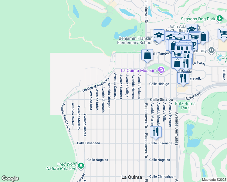 map of restaurants, bars, coffee shops, grocery stores, and more near 51600 Avenue Obregon in La Quinta