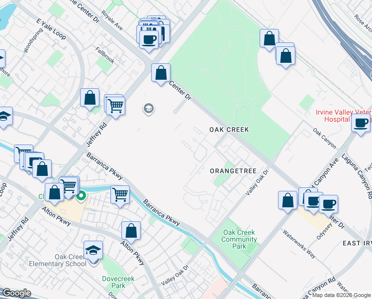 map of restaurants, bars, coffee shops, grocery stores, and more near 279 Tarocco in Irvine