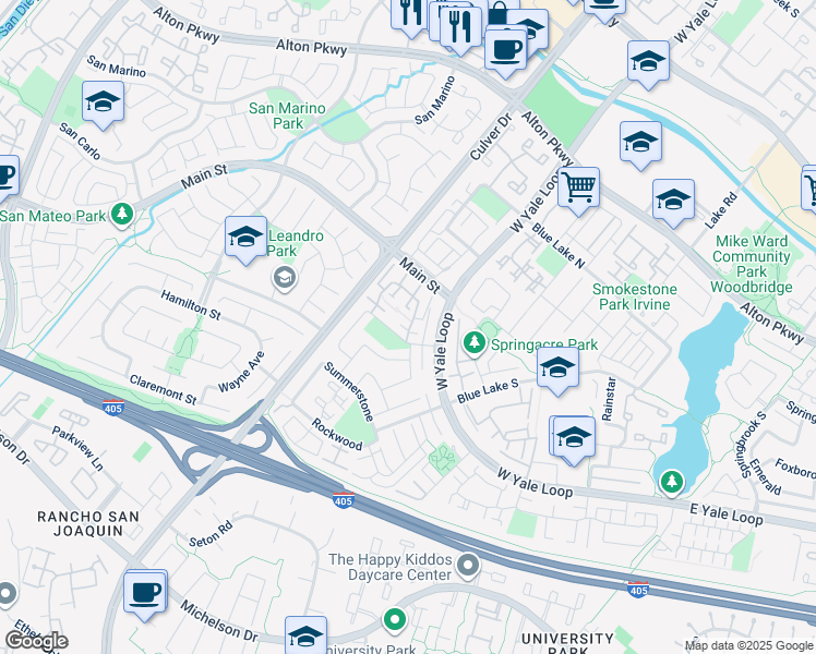 map of restaurants, bars, coffee shops, grocery stores, and more near 36 Timber Run in Irvine
