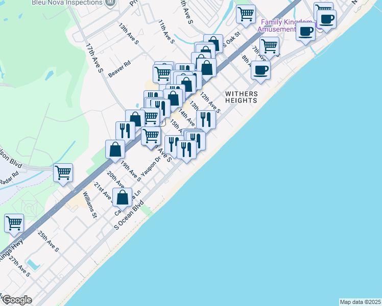 map of restaurants, bars, coffee shops, grocery stores, and more near 1600 South Ocean Boulevard in Myrtle Beach