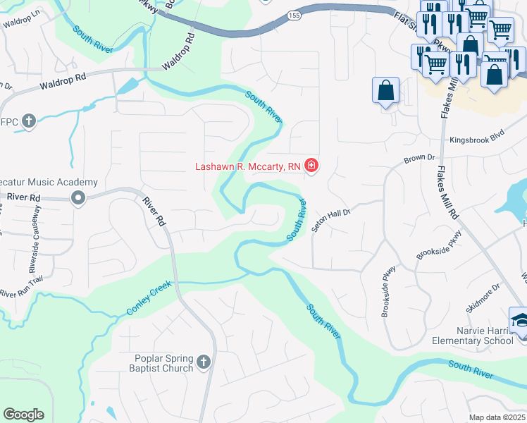 map of restaurants, bars, coffee shops, grocery stores, and more near 3593 Riverchase Drive in Decatur
