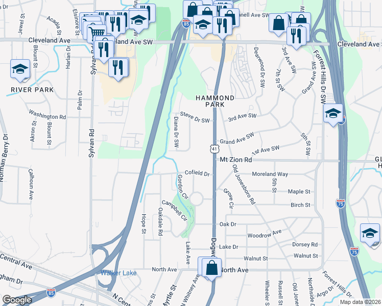 map of restaurants, bars, coffee shops, grocery stores, and more near 2990 Wanda Circle Southwest in Atlanta