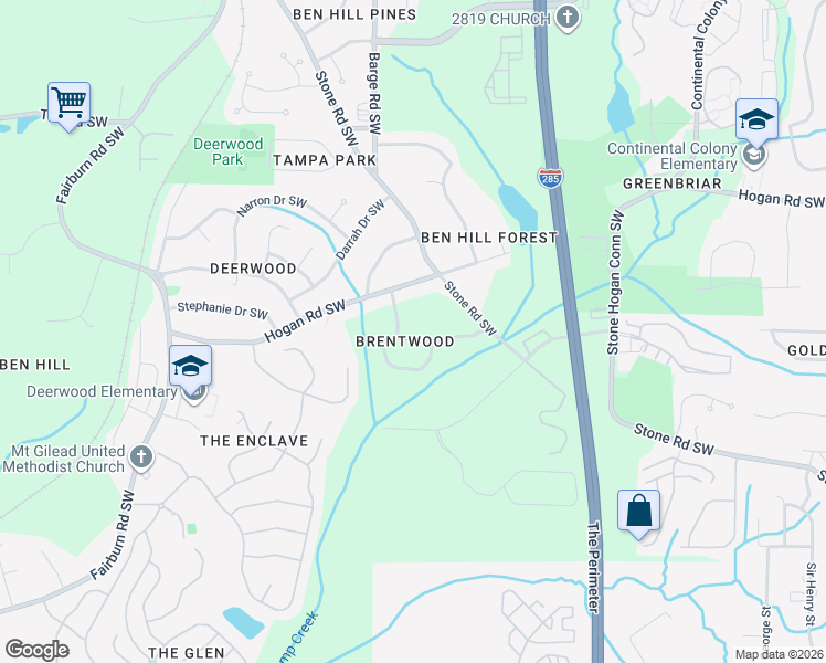 map of restaurants, bars, coffee shops, grocery stores, and more near 3555 Meadowridge Drive Southwest in Atlanta