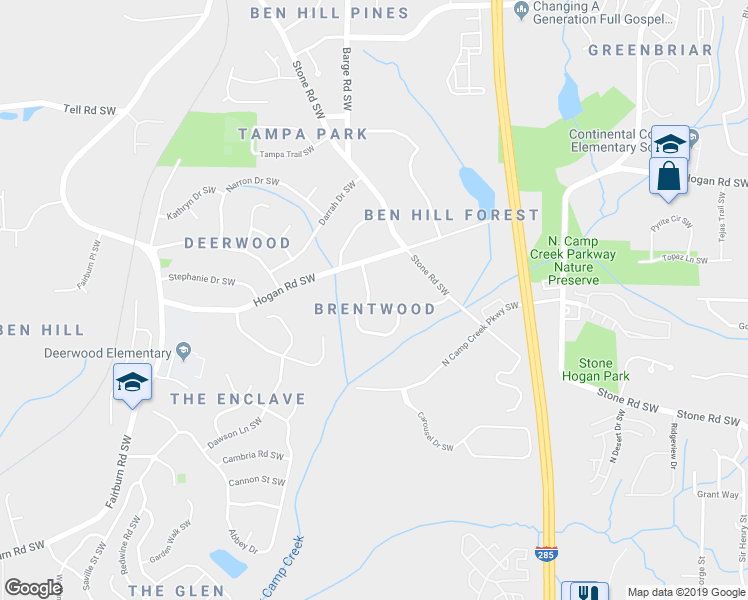 map of restaurants, bars, coffee shops, grocery stores, and more near 3577 Meadowridge Drive Southwest in Atlanta
