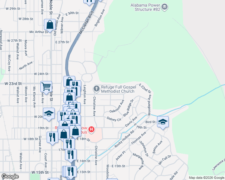 map of restaurants, bars, coffee shops, grocery stores, and more near 2215 Legrande Avenue in Anniston