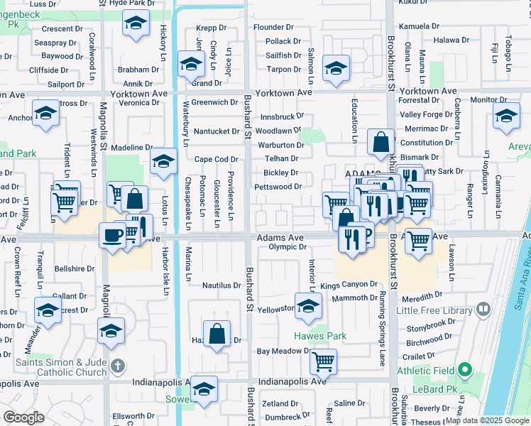 map of restaurants, bars, coffee shops, grocery stores, and more near 203 Raleigh Drive in Huntington Beach