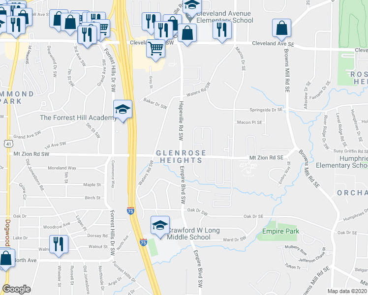 map of restaurants, bars, coffee shops, grocery stores, and more near 2972 Hapeville Road Southwest in Atlanta