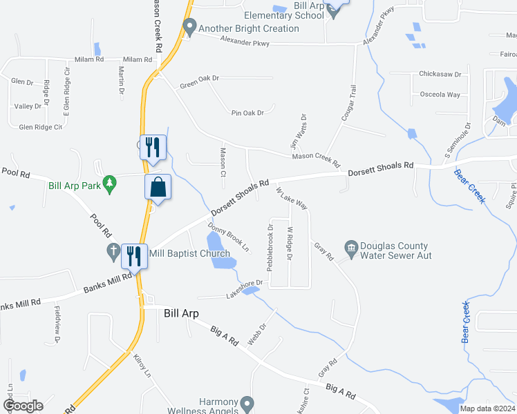 map of restaurants, bars, coffee shops, grocery stores, and more near 4880 Panola Court in Douglasville