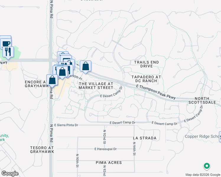 map of restaurants, bars, coffee shops, grocery stores, and more near 9239 East Hoverland Road in Scottsdale