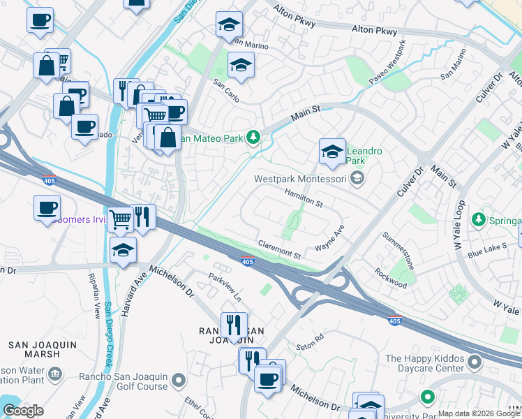 map of restaurants, bars, coffee shops, grocery stores, and more near 17602 Hastings Avenue in Irvine