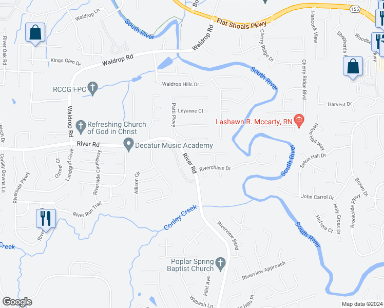 map of restaurants, bars, coffee shops, grocery stores, and more near 3668 Riverchase Terrace in Decatur
