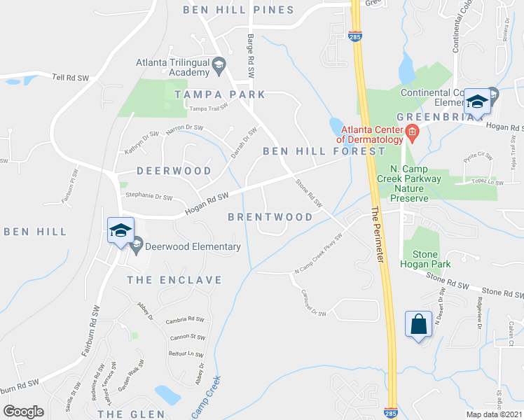 map of restaurants, bars, coffee shops, grocery stores, and more near 3577 Meadowridge Drive Southwest in Atlanta