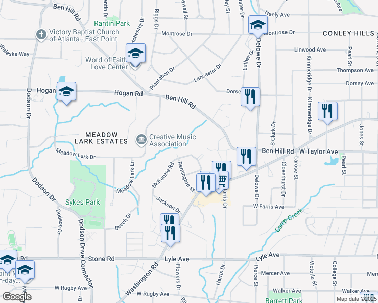 map of restaurants, bars, coffee shops, grocery stores, and more near 3014 Barksdale Cir in East Point