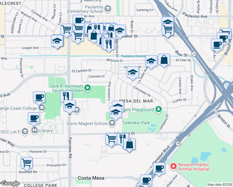 map of restaurants, bars, coffee shops, grocery stores, and more near 2756 Mendoza Drive in Costa Mesa