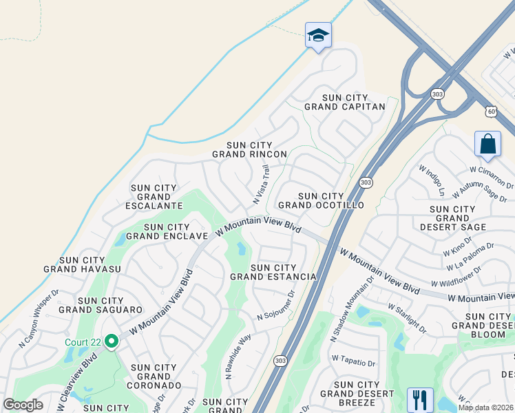map of restaurants, bars, coffee shops, grocery stores, and more near 20835 North Vista Trail in Surprise