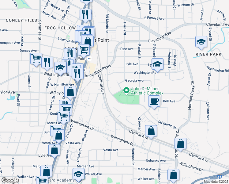 map of restaurants, bars, coffee shops, grocery stores, and more near 1471 Holcomb Avenue in East Point