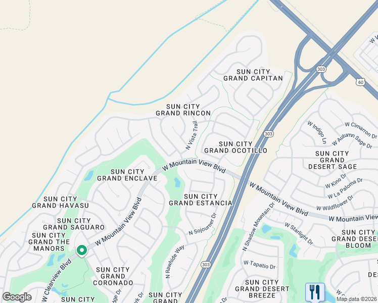 map of restaurants, bars, coffee shops, grocery stores, and more near 20835 North Vista Trail in Surprise