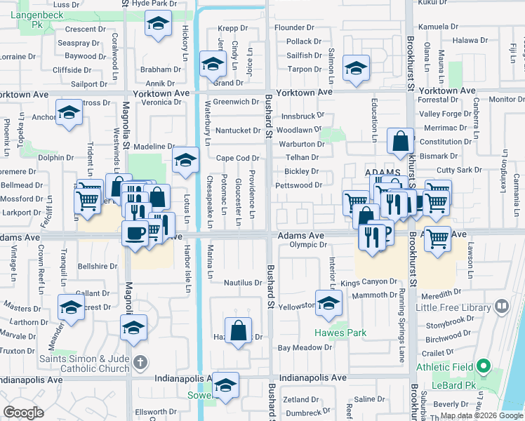 map of restaurants, bars, coffee shops, grocery stores, and more near 19891 Bushard Street in Huntington Beach