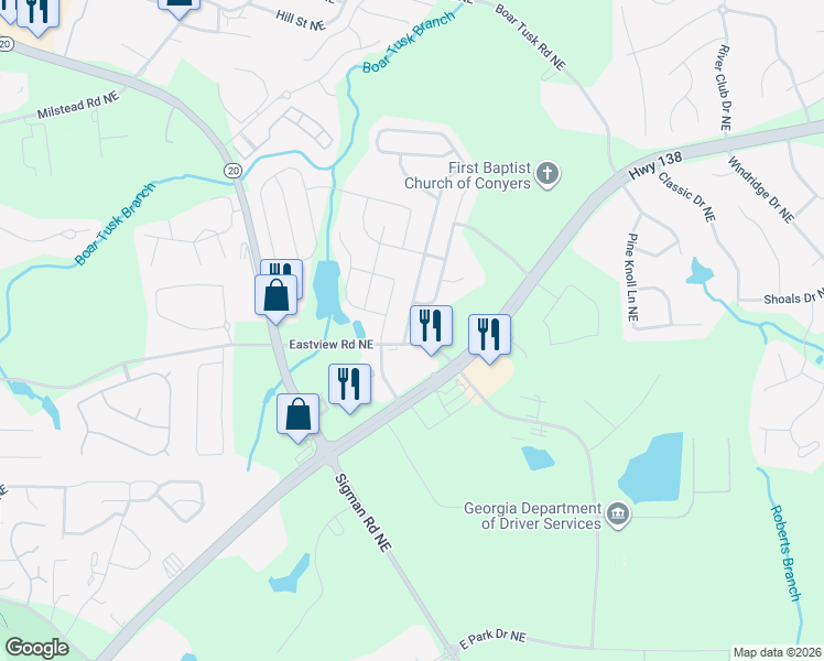 map of restaurants, bars, coffee shops, grocery stores, and more near 1902 Bridgestone Circle in Conyers