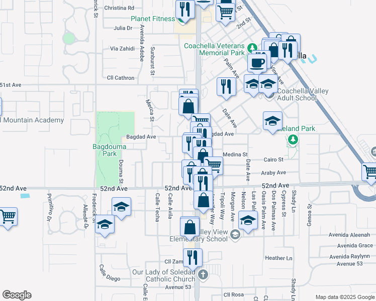 map of restaurants, bars, coffee shops, grocery stores, and more near 51628 Calle Camacho in Coachella