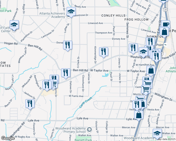 map of restaurants, bars, coffee shops, grocery stores, and more near 3491 Washington Road in East Point