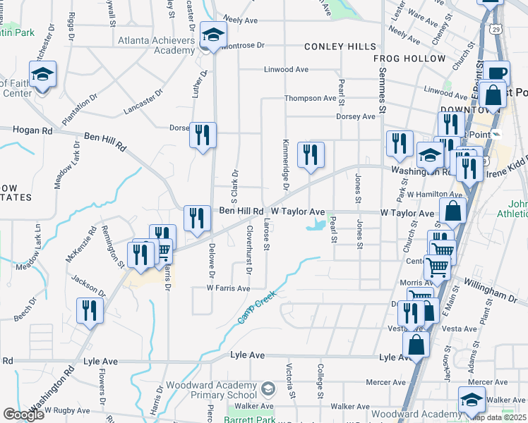 map of restaurants, bars, coffee shops, grocery stores, and more near 3073 Washington Road in East Point