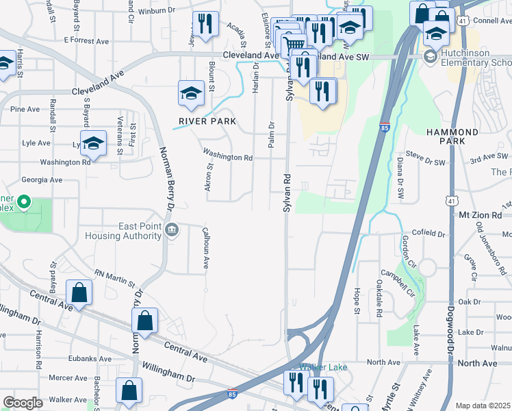 map of restaurants, bars, coffee shops, grocery stores, and more near 2986 Harlan Drive in East Point