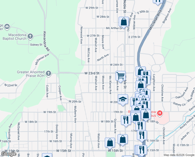 map of restaurants, bars, coffee shops, grocery stores, and more near 2209 Walnut Avenue in Anniston