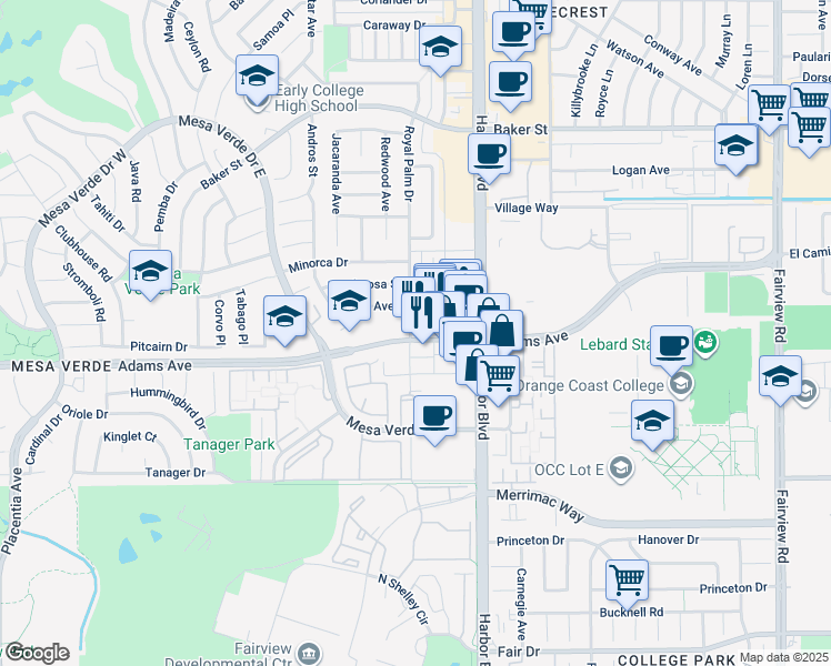 map of restaurants, bars, coffee shops, grocery stores, and more near 2803 Royal Palm Drive in Costa Mesa