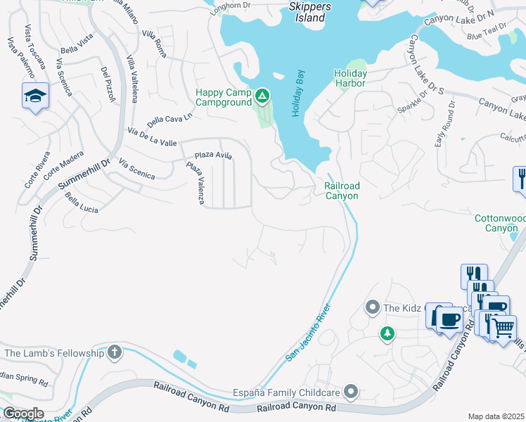 map of restaurants, bars, coffee shops, grocery stores, and more near 2 Vía De La Valle in Lake Elsinore