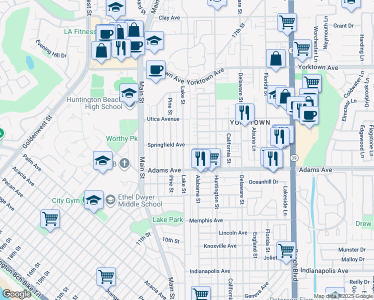 map of restaurants, bars, coffee shops, grocery stores, and more near 1742 Lake Street in Huntington Beach