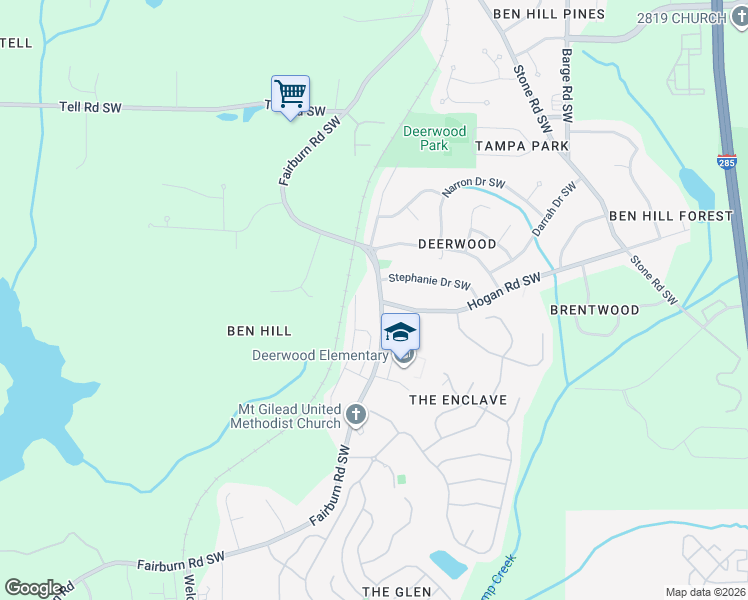 map of restaurants, bars, coffee shops, grocery stores, and more near 2961 Fairburn Road Southwest in Atlanta