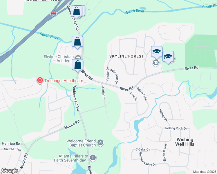 map of restaurants, bars, coffee shops, grocery stores, and more near 2125 River Road in Ellenwood