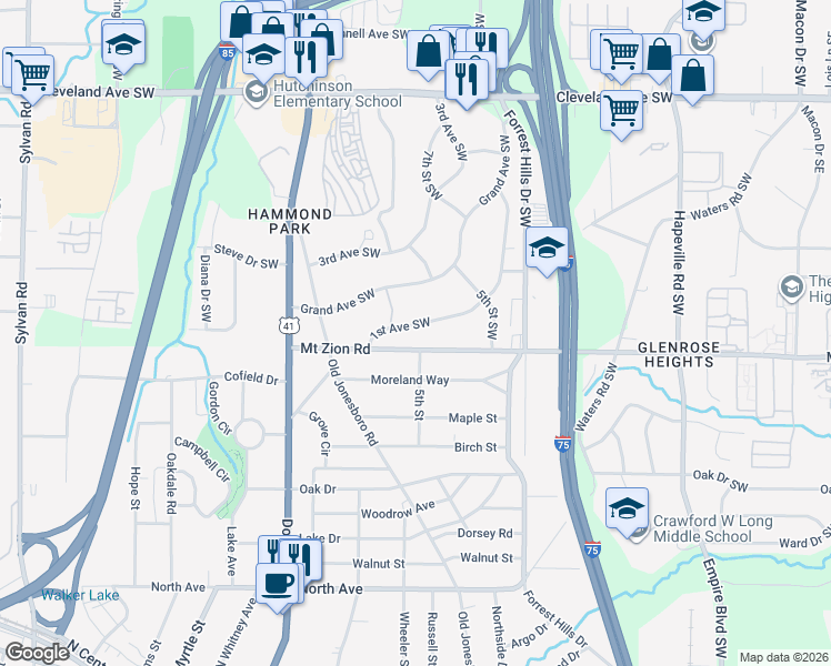 map of restaurants, bars, coffee shops, grocery stores, and more near 3026 1st Avenue Southwest in Atlanta