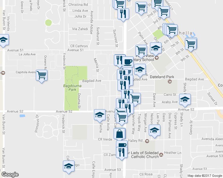 map of restaurants, bars, coffee shops, grocery stores, and more near 51628 Calle Avila in Coachella