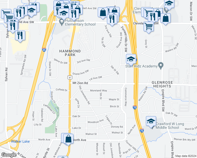 map of restaurants, bars, coffee shops, grocery stores, and more near 3032 1st Avenue Southwest in Atlanta