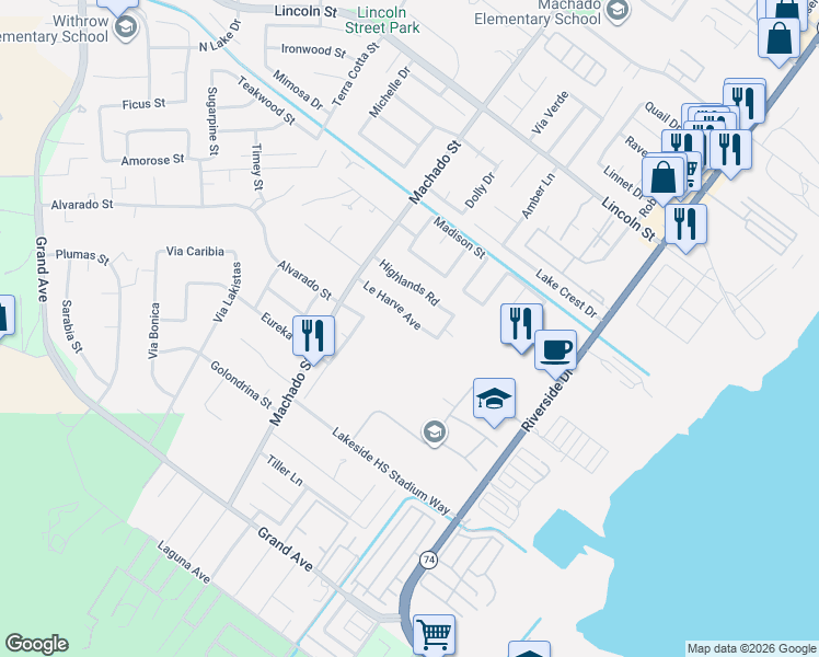 map of restaurants, bars, coffee shops, grocery stores, and more near 584 Le Harve Avenue in Lake Elsinore