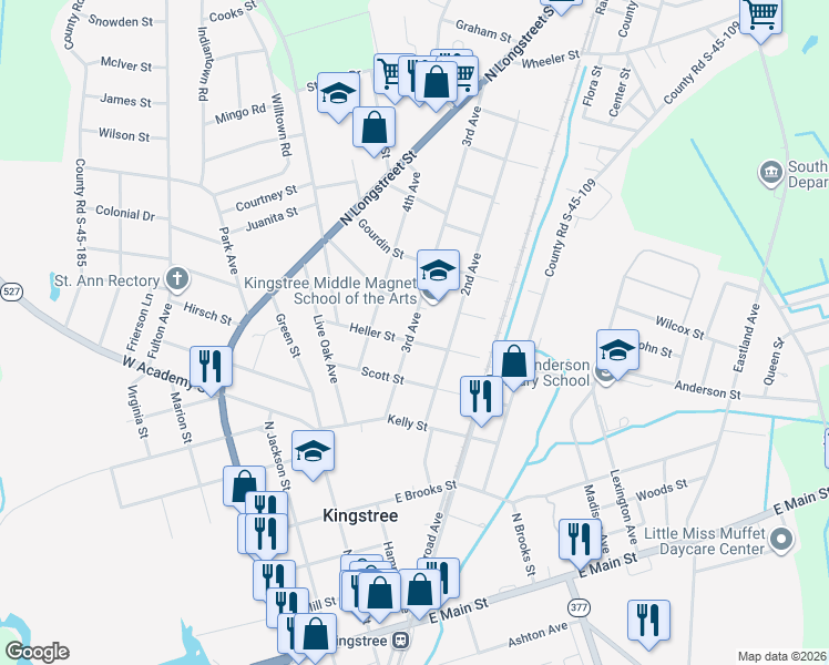 map of restaurants, bars, coffee shops, grocery stores, and more near 16 3rd Avenue in Kingstree