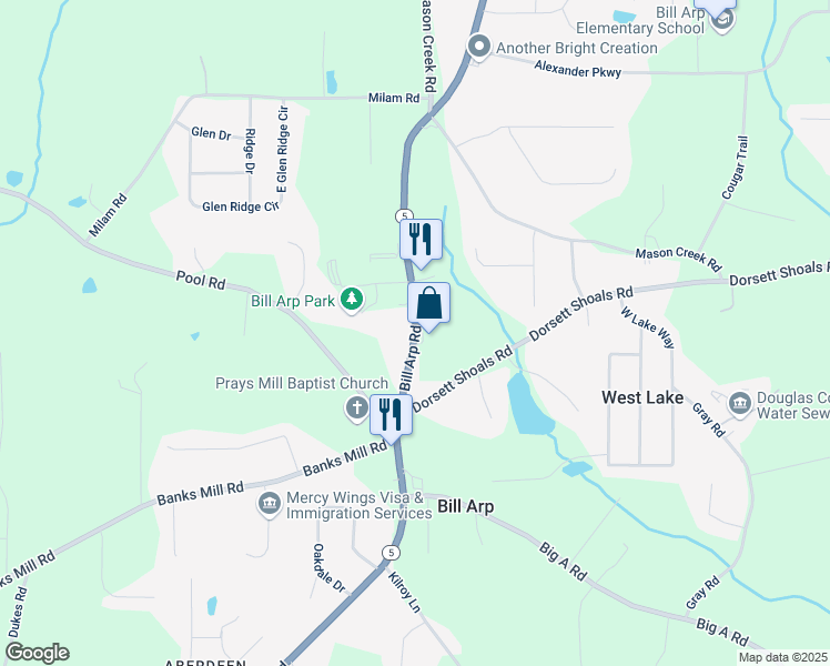 map of restaurants, bars, coffee shops, grocery stores, and more near 4867 Bill Arp Road in Douglasville
