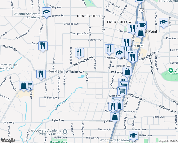 map of restaurants, bars, coffee shops, grocery stores, and more near 1877 West Taylor Avenue in East Point