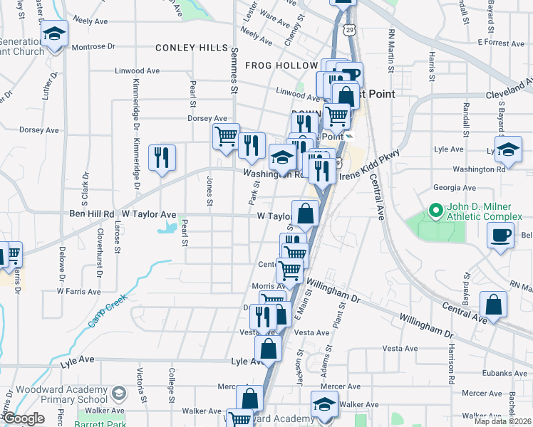 map of restaurants, bars, coffee shops, grocery stores, and more near 2997 Church Street in Atlanta
