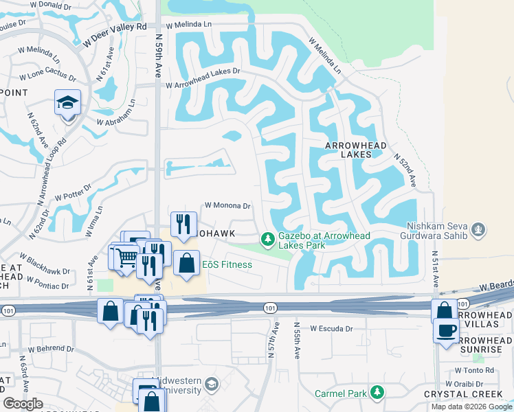 map of restaurants, bars, coffee shops, grocery stores, and more near 20829 North 56th Drive in Glendale