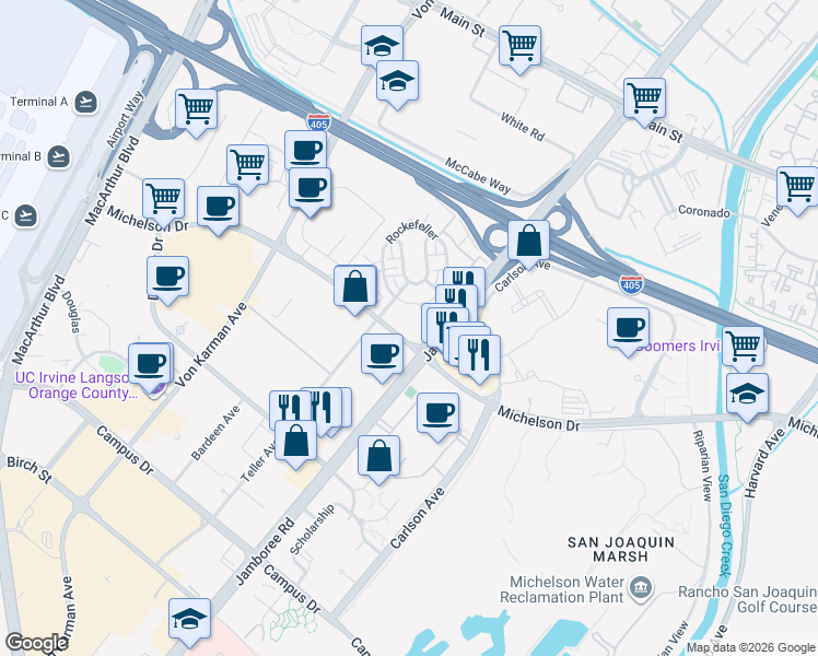 map of restaurants, bars, coffee shops, grocery stores, and more near 2207 Rivington in Irvine