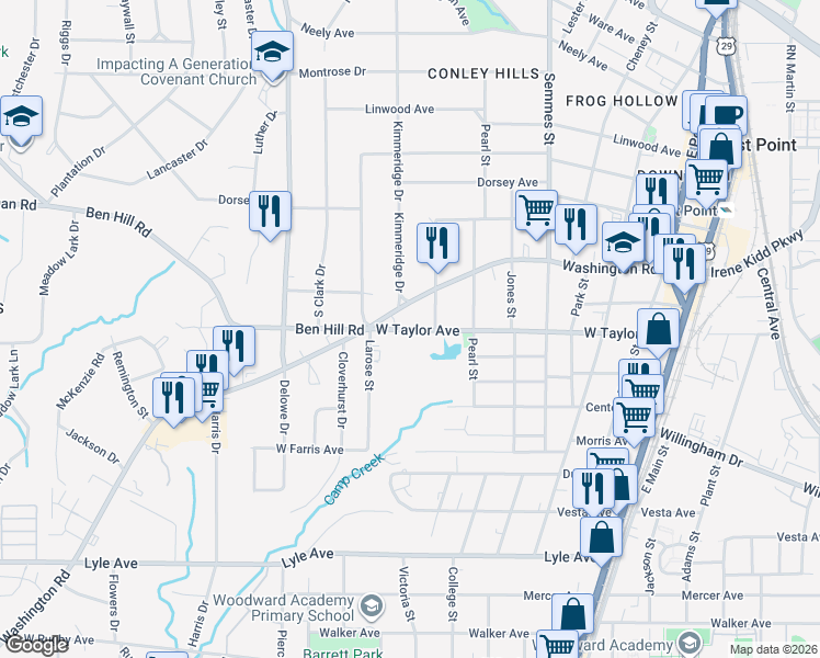 map of restaurants, bars, coffee shops, grocery stores, and more near 61 West Taylor Avenue in East Point
