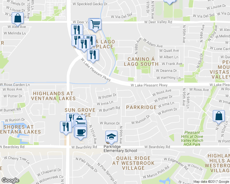 map of restaurants, bars, coffee shops, grocery stores, and more near 20948 North 99th Drive in Peoria