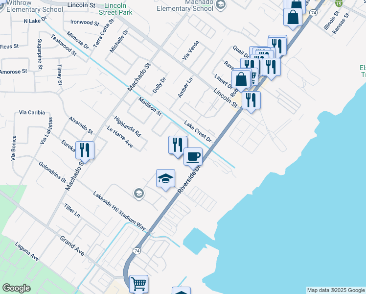 map of restaurants, bars, coffee shops, grocery stores, and more near 1120 Monroe Street in Lake Elsinore