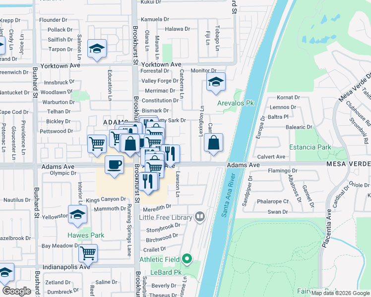 map of restaurants, bars, coffee shops, grocery stores, and more near 10238 Disney Circle in Huntington Beach