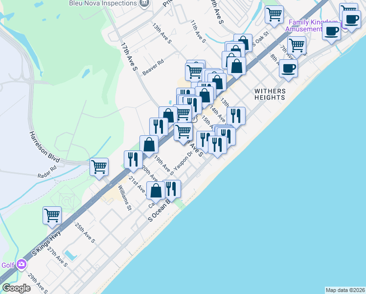 map of restaurants, bars, coffee shops, grocery stores, and more near 1705 South Kings Highway in Myrtle Beach