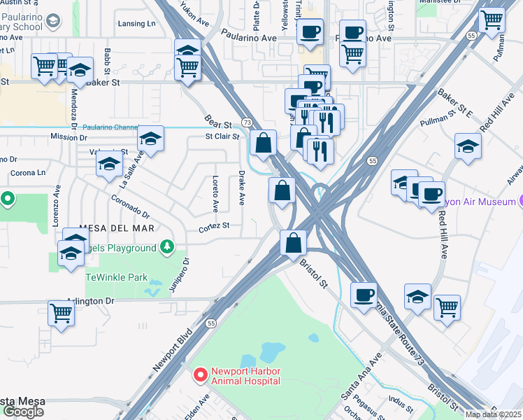 map of restaurants, bars, coffee shops, grocery stores, and more near 2755 Bristol Street in Costa Mesa
